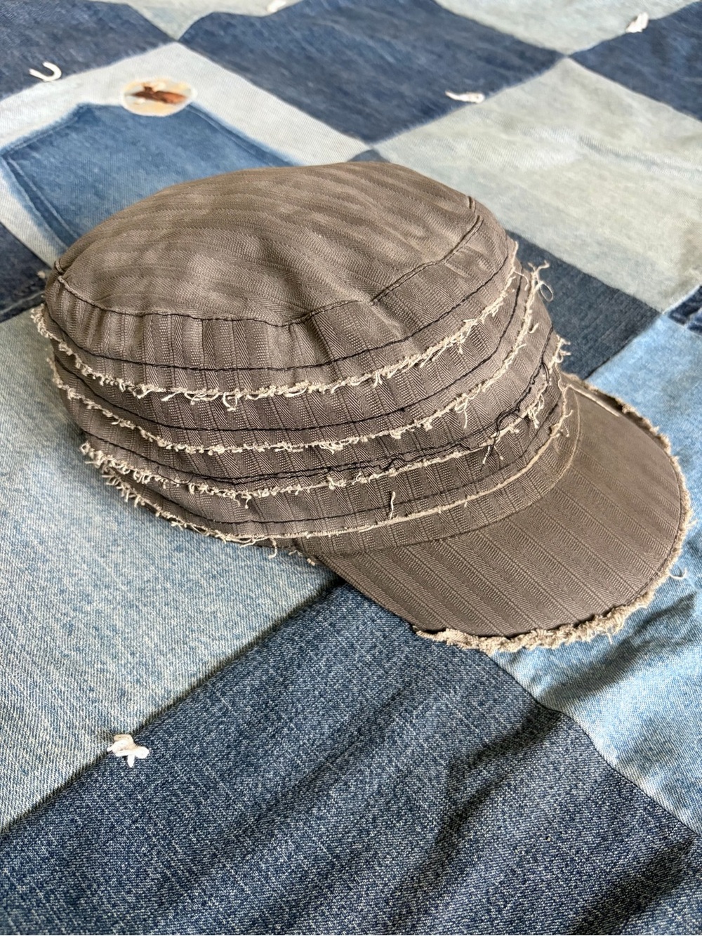 Cadet Cap Grey Raw Hem Distressed Indie Grunge Striped 100% Cotton D&Y Hat